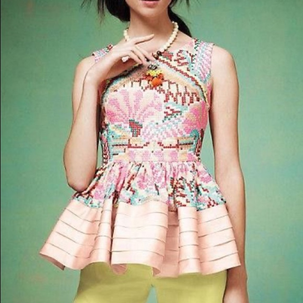 Anthropologie Pink Multicolor Embroidered Tiered Peplum Top - Picture 2 of 4